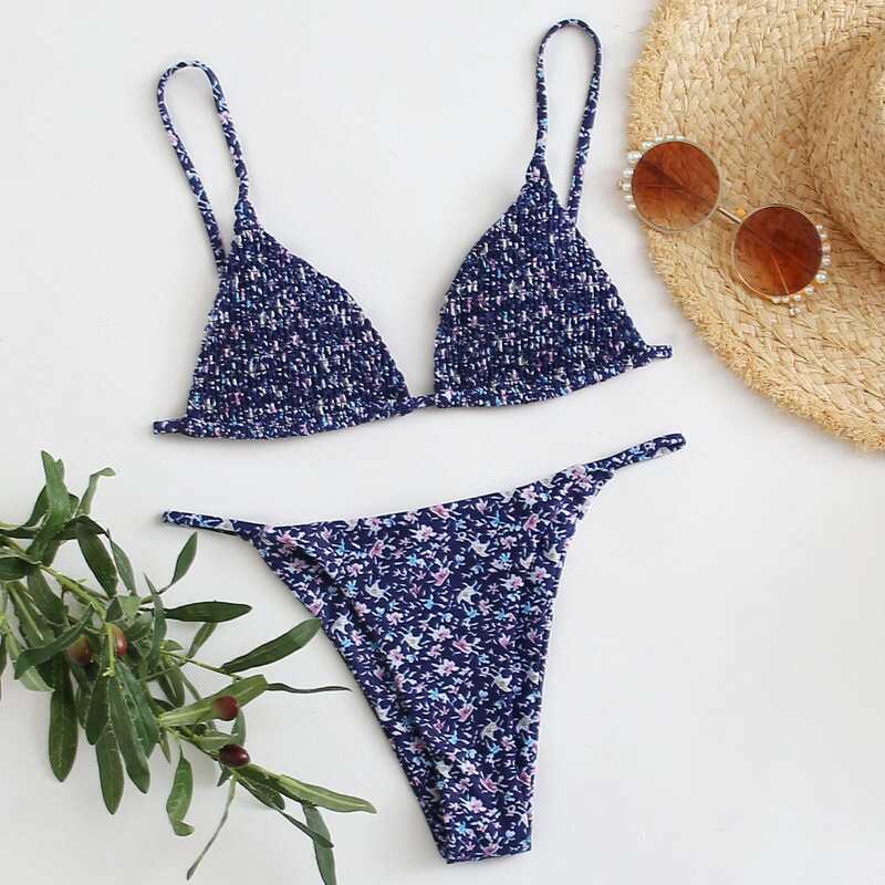 

Ditsy Floral Smocked Triangle Tanga Bikini Swimsuit, Navy blue