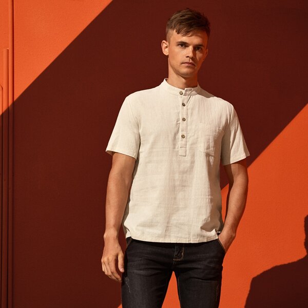 

Men Half Button Shirt, Beige