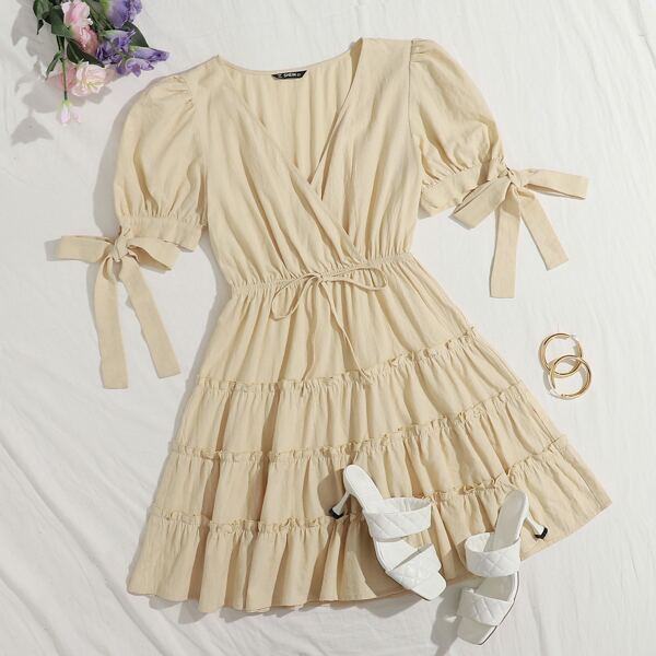 

Surplice Neck Knot Puff Sleeve Tiered Dress, Beige