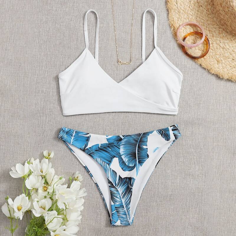 

Tropical Wrap Cami Bikini Swimsuit, Blue and white