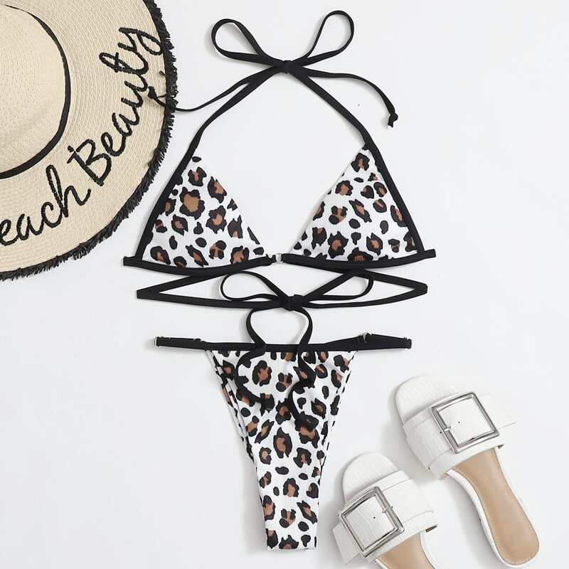 

Leopard Triangle Tanga Bikini Swimsuit, Multicolor