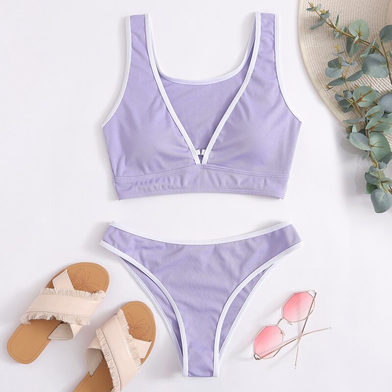

Ribbed Contrast Binding Bikini Swimsuit, Pastel lilac purple