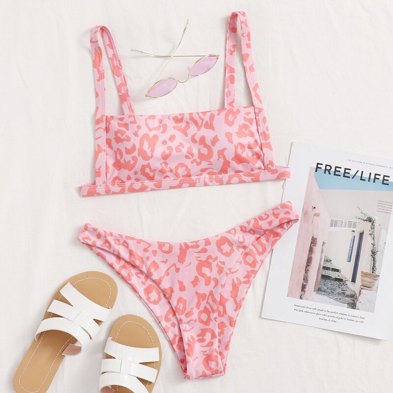 

Leopard High Leg Bikini Swimsuit, Baby pink