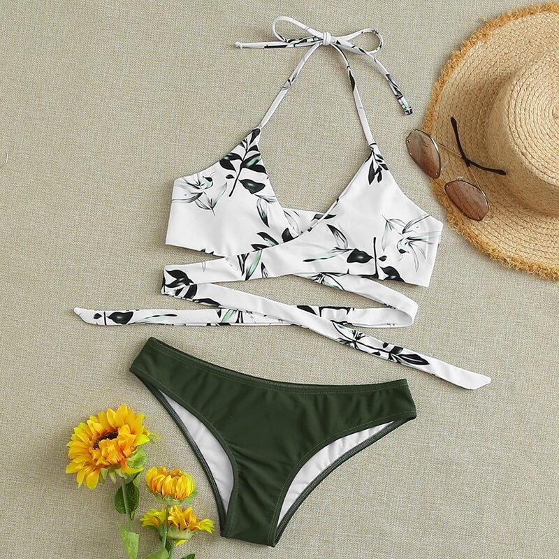 

Tropical Wrap Halter Bikini Swimsuit, Multicolor