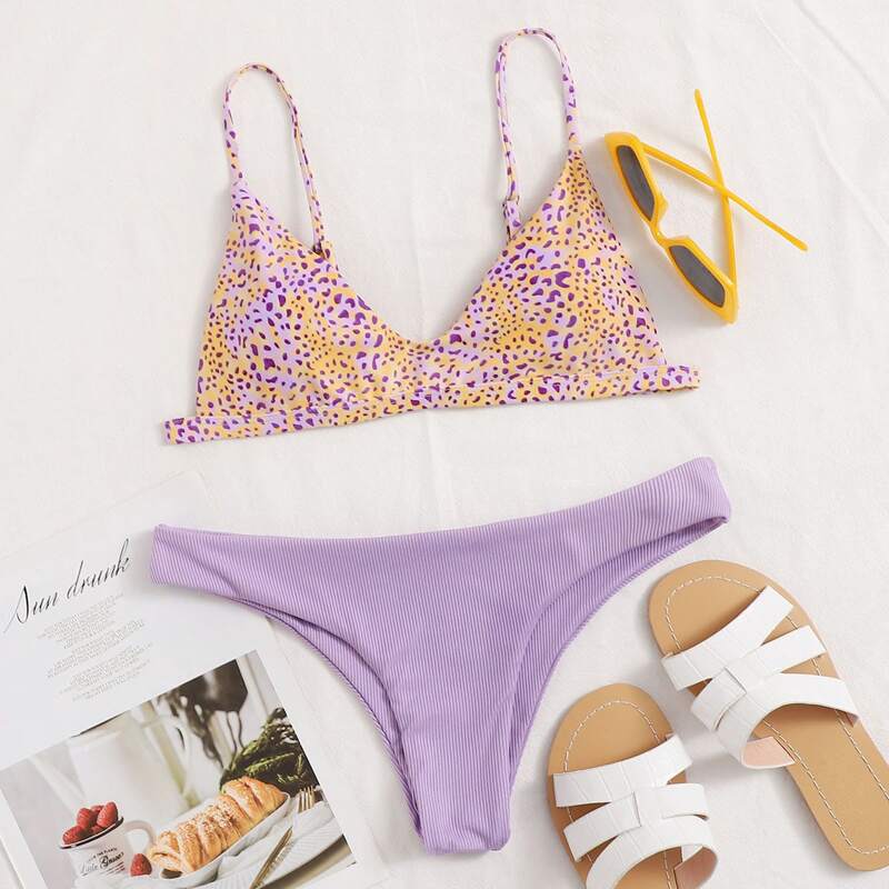 

Leopard Ribbed Bikini Swimsuit, Multicolor