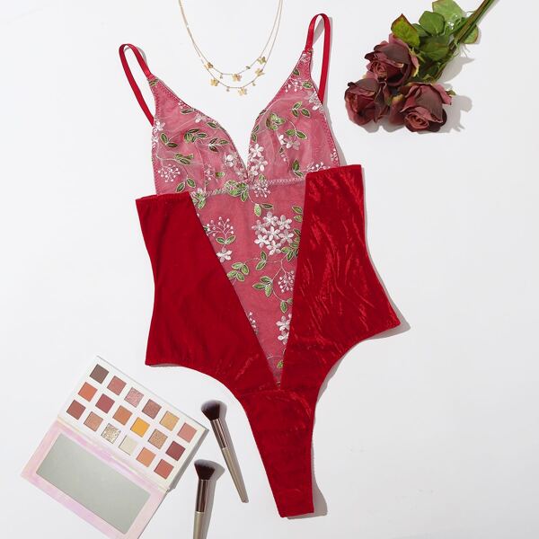 

Plus Embroidered Mesh Velvet Teddy Bodysuit, Red