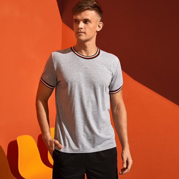 

Men Striped Cuff Short Sleeve Tee, Light grey