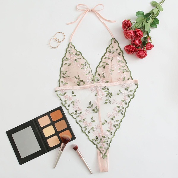 

Plus Floral Embroidered Mesh Halter Teddy Bodysuit, Pastel baby pink