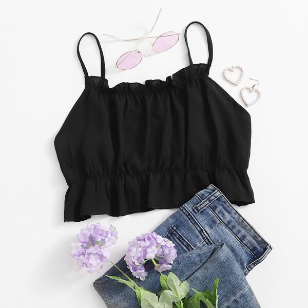 

Ruffle Hem Crop Cami Top, Black