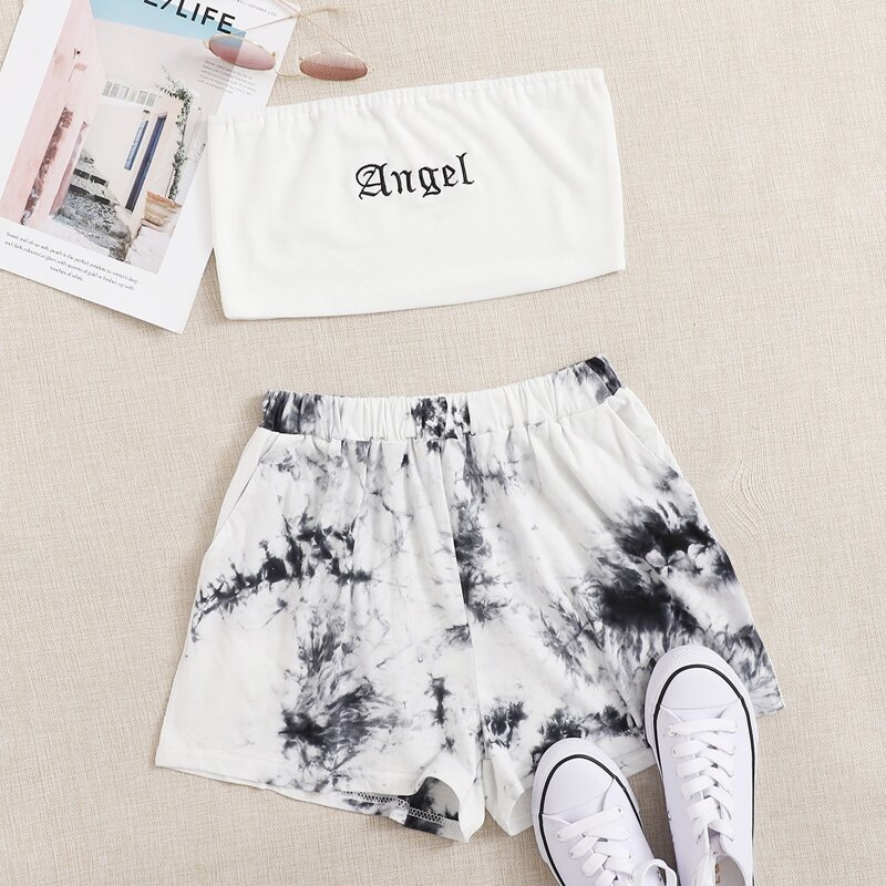 

Angel Graphic Bandeau & Tie Dye Shorts, Black and white