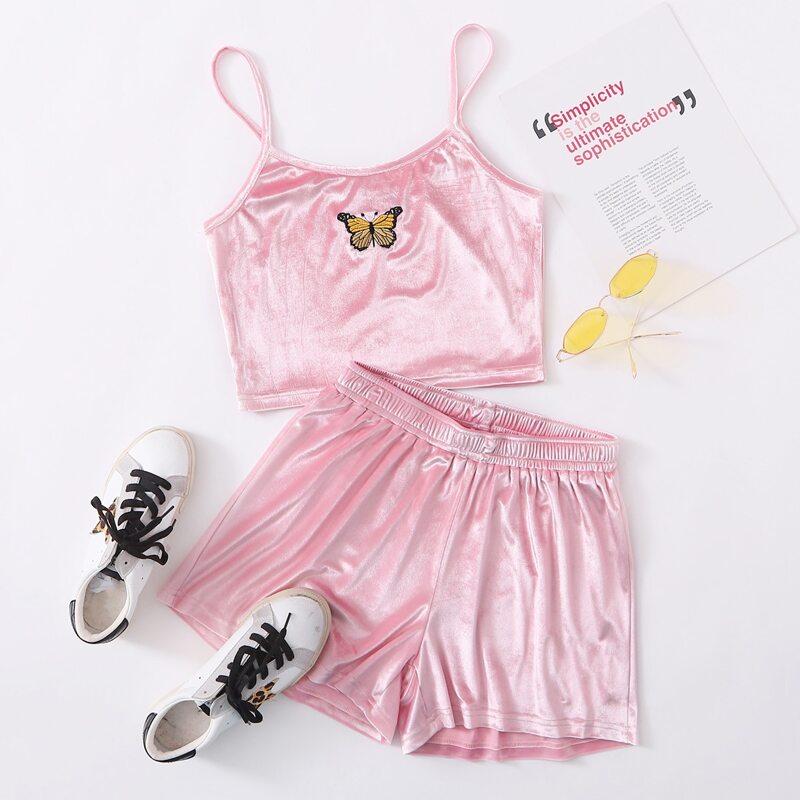 

Butterfly Velvet Cami & Shorts, Baby pink