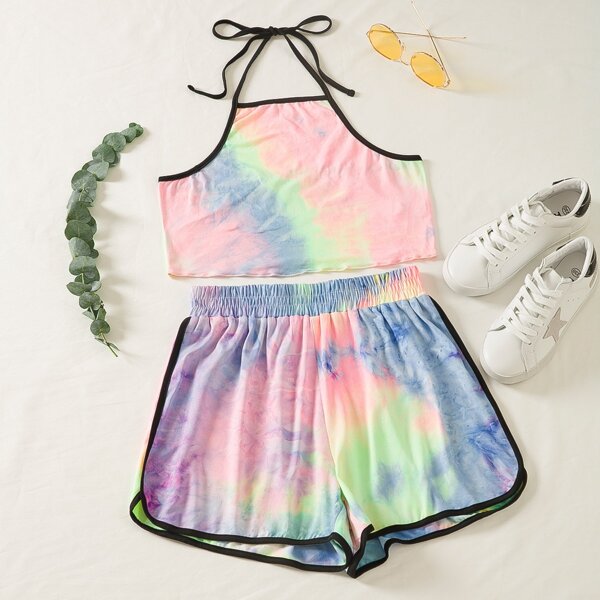 

Tie Dye Contrast Binding Halter Top & Shorts, Multicolor