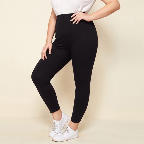 

Plus Elastic Waist Solid Leggings, Black