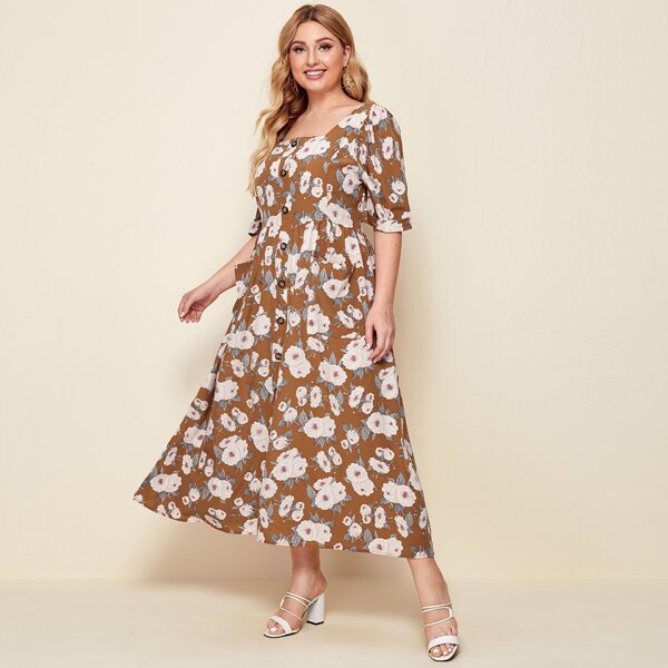 

Plus Cuffed Patch Pocket Allover Floral Dress, Mocha brown