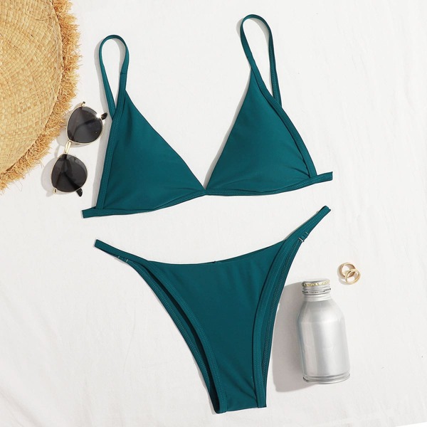 

Tie Back Triangle Thong Bikini Swimsuit, Teal blue