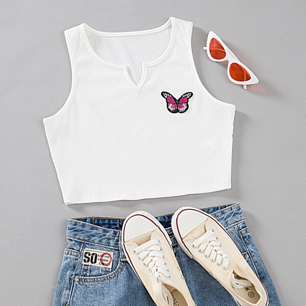 

Notched Butterfly Patched Tank Top, White