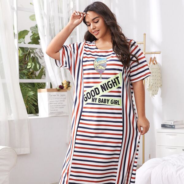 

Plus Stripe And Slogan Graphic Tee Nightdress, Multicolor