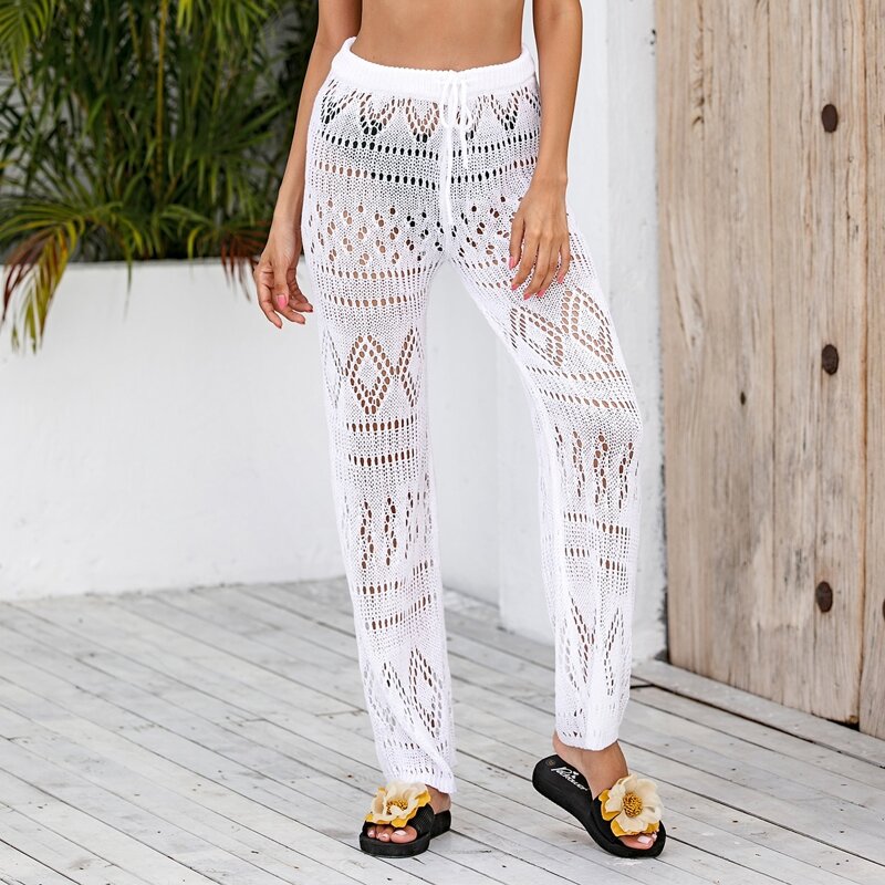 

Tie Waist Open Knit Cover Up Pants Without Bikini, White