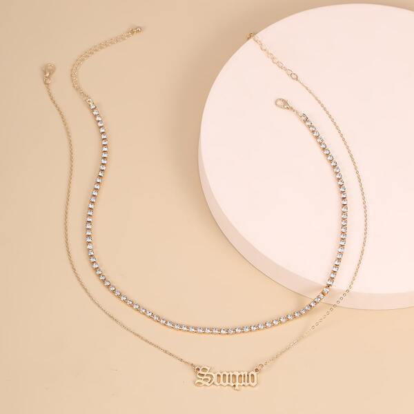 

2pcs Rhinestone Engraved Necklace, Gold
