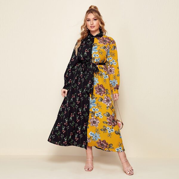 

Plus Floral Print Spliced Belted Shirt Dress, Multicolor