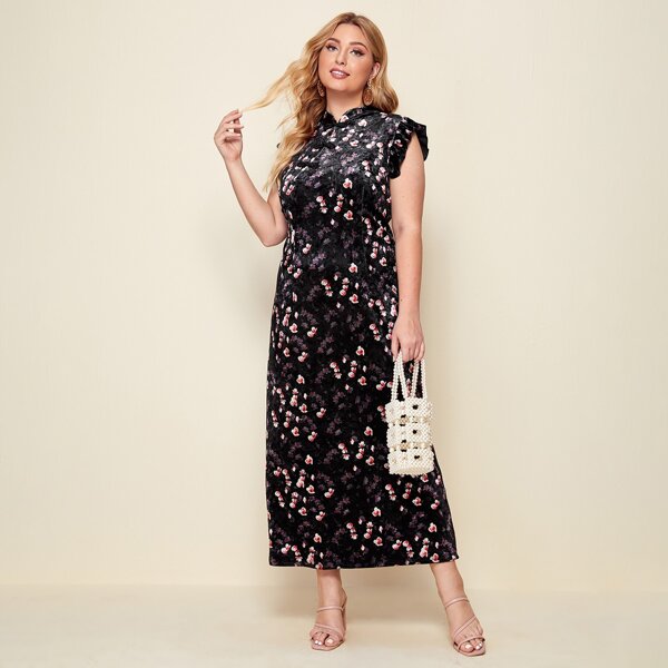 

Plus Mandarin Neck Floral Velvet Fitted Dress, Black