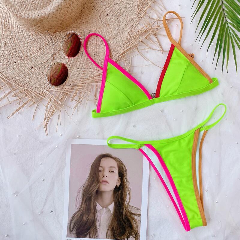 

Neon Lime Triangle Thong Bikini Swimsuit, Bright lime green
