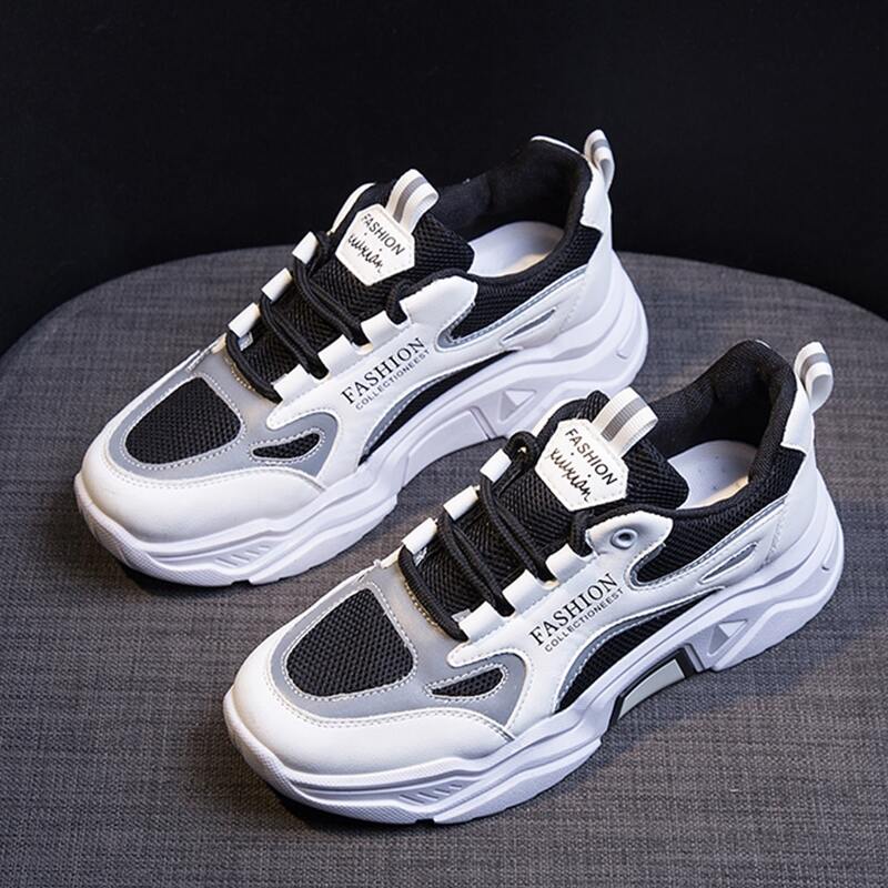 

Lace-up Front Mesh Chunky Sneakers, Black and white