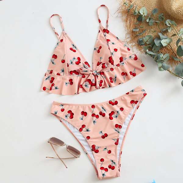 

Plus Cherry Print Ruffle Hem Triangle Bikini Swimsuit, Pink
