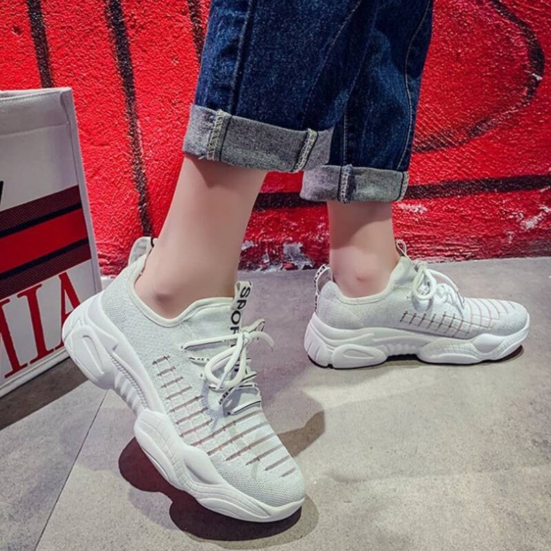 

Lace-up Front Letter Tape Chunky Sneakers, White
