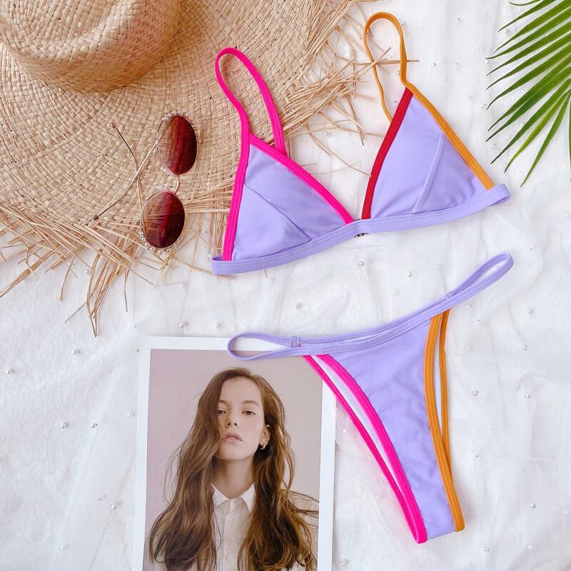 

Contrast Binding Triangle Thong Bikini Swimsuit, Pastel lilac purple