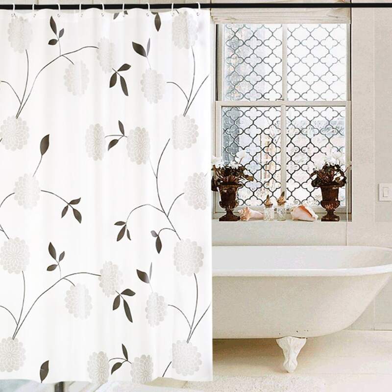 

Flower Print Shower Curtain With 12pcs Hook, Black and white
