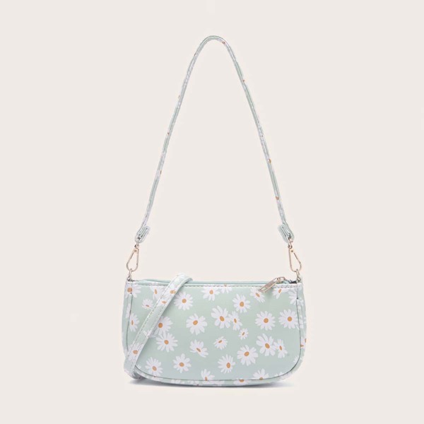 

Daisy Floral Graphic Baguette Bag, Green