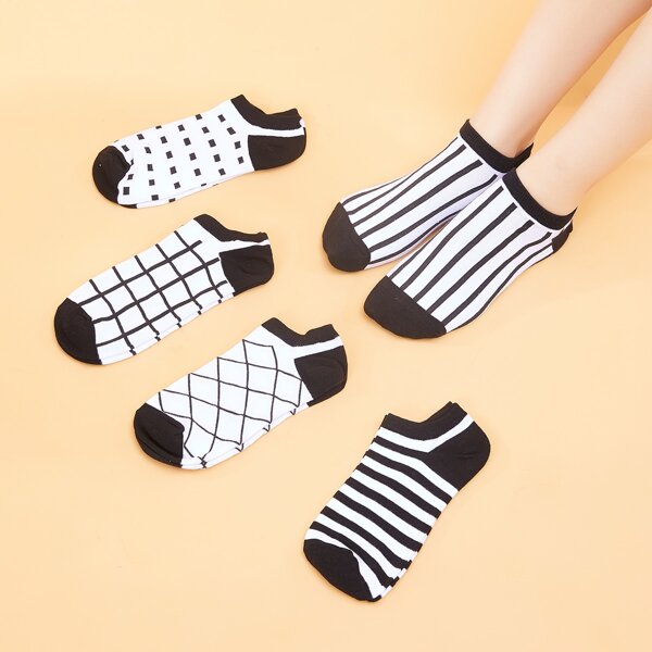 

5pairs Striped Pattern Socks, Black and white