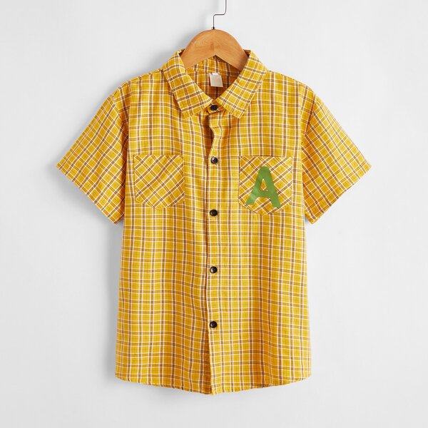 

Boys Letter & Plaid Print Shirt, Yellow