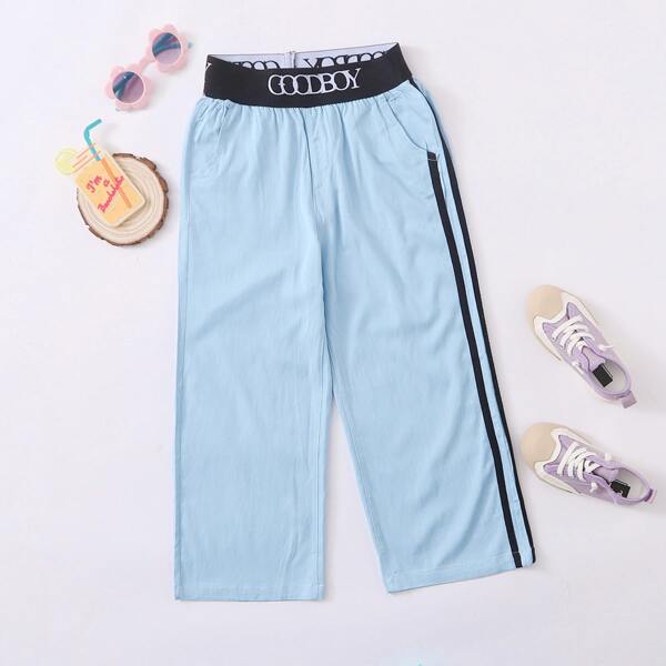 

Toddler Girls Letter Tape Waist Striped Side Jeans, Light wash