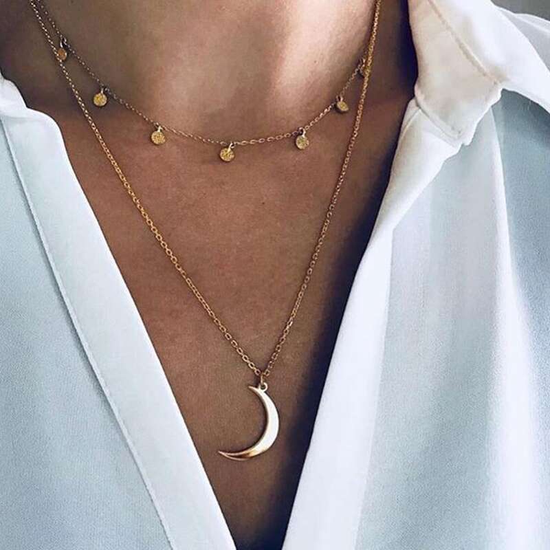 

1pc Disc & Moon Layered Necklace, Gold