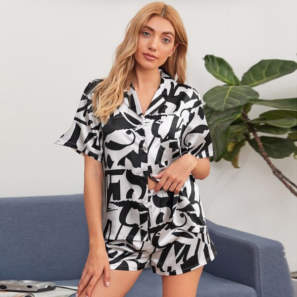 

All Over Print Satin Shorts PJ Set, Black and white