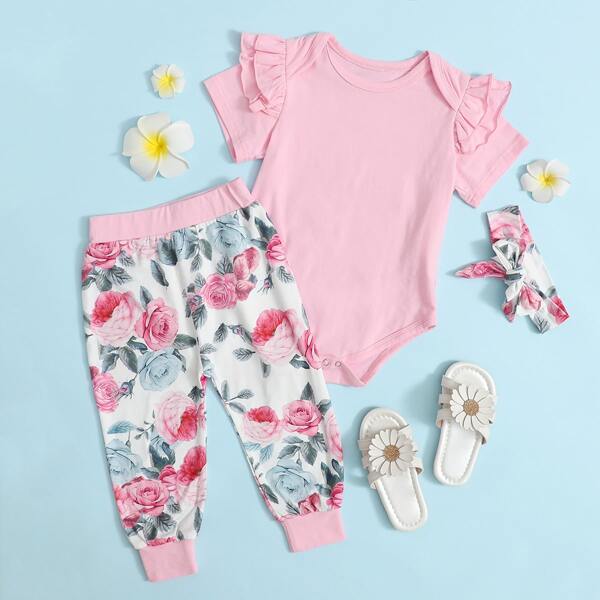 

Baby Girl Solid Ruffle Bodysuit & Floral Sweatpants, Multicolor
