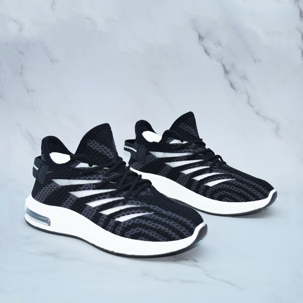 

Lace-up Front Striped Graphic Knit Sneakers, Black