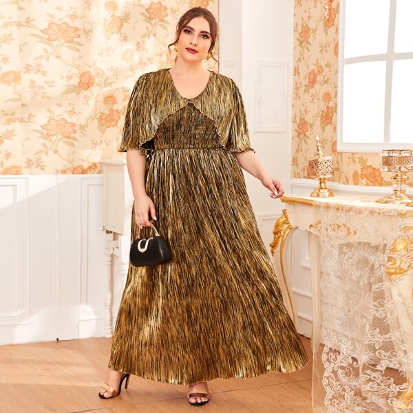 

Plus Shirred Panel Double Layer Bodice Lettuce Edge Metallic Dress, Gold