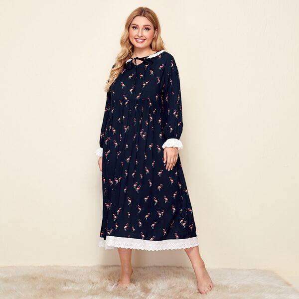 

Plus Tie Neck Eyelet Embroidered Trim Flamingo Print Nightdress, Navy blue
