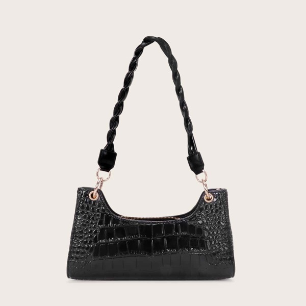 

Croc Embossed Baguette Bag, Black