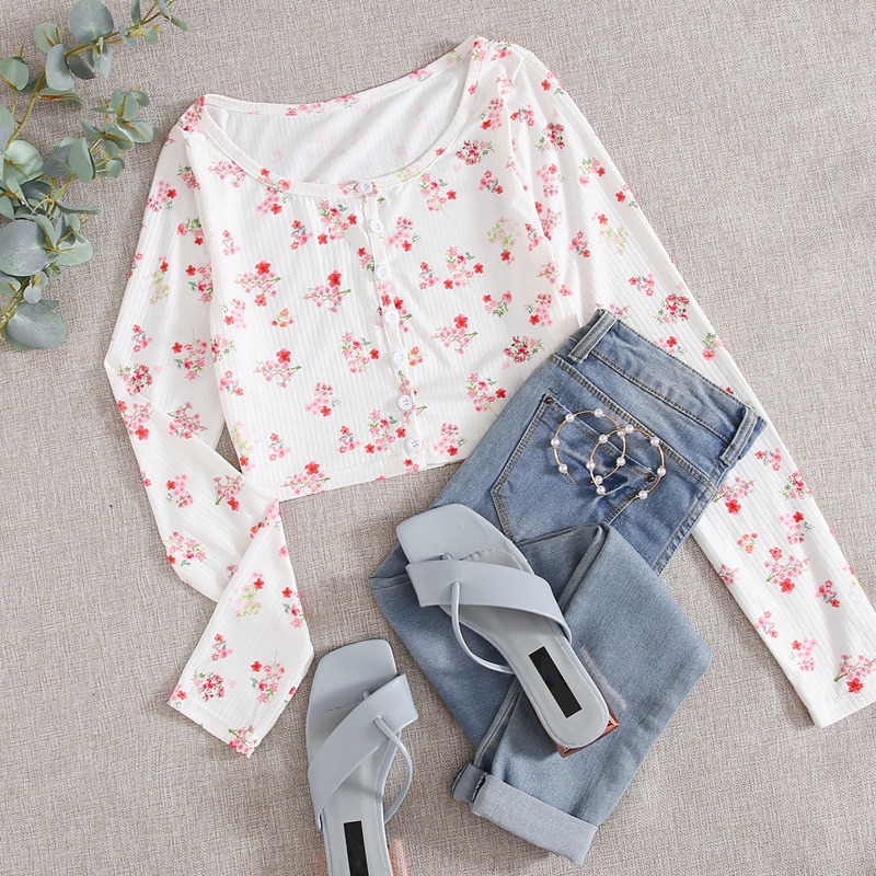 

Floral Button Front Rib-Knit Tee, White