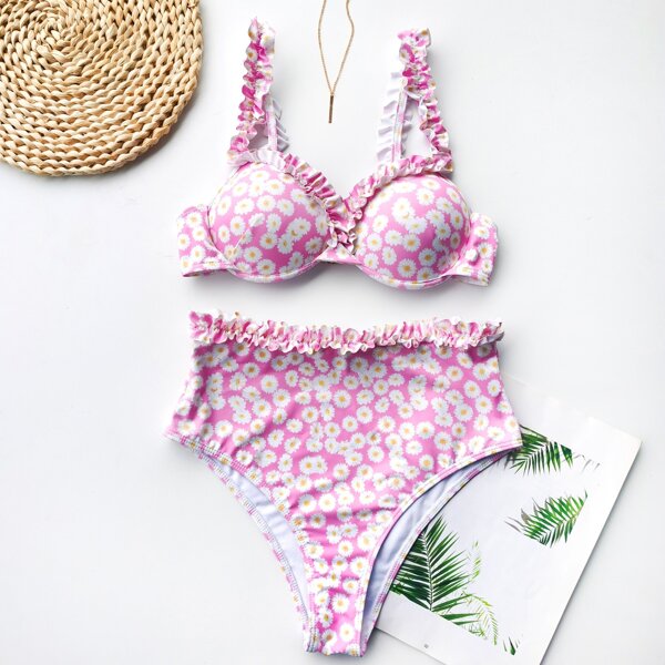

Daisy Floral Underwire Frill High Waisted Bikini Swimsuit, Multicolor