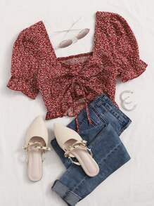 Soleia Top de manga farol de espalda con fruncido con cordón delantero - Burdeos - Ver 1