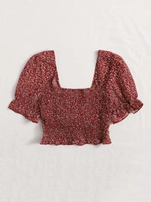 Soleia Top de manga farol de espalda con fruncido con cordón delantero - Burdeos - Ver 2