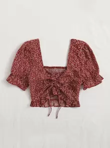 Soleia Top de manga farol de espalda con fruncido con cordón delantero - Burdeos - Ver 5