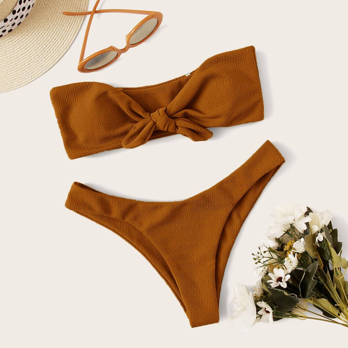 

Knot Front Bandeau High Cut Bikini Swimsuit, Brown