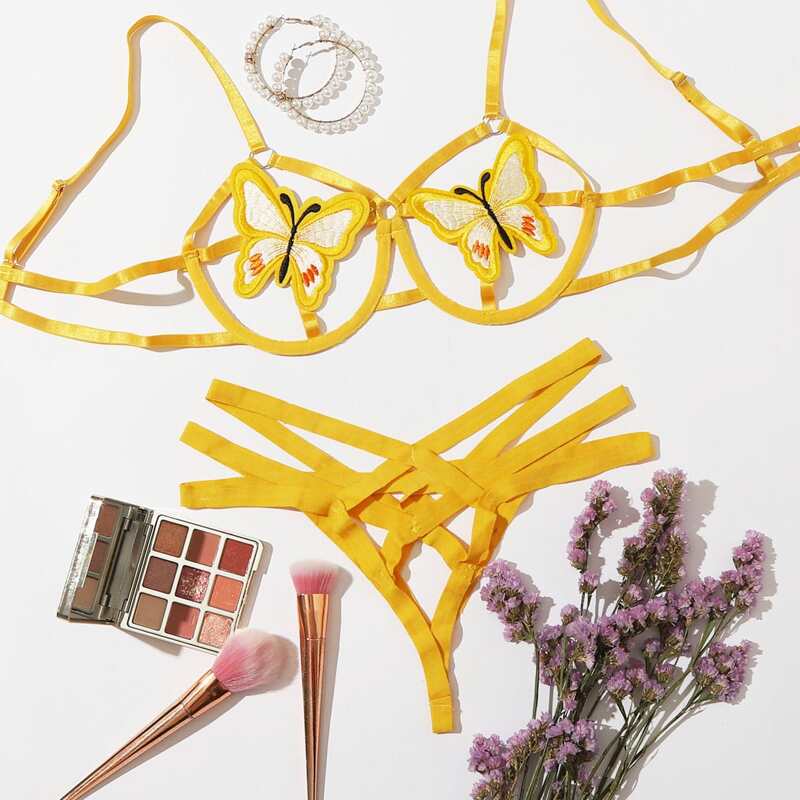

Butterfly Applique Underwire Strappy Lingerie Set, Yellow