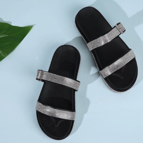 

Rhinestone Decor Double Band Slide Sandals, Black